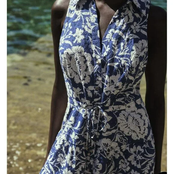 ZARA Womens Blue White Floral Embroidered Sleeveless Dress Size XL - Picture 2 of 15